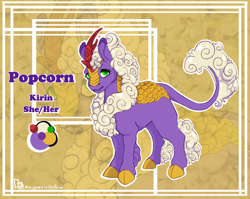 Size: 3612x2876 | Tagged: safe, artist:magnetichollow, oc, oc only, oc:popcorn the kirin, kirin, cloven hooves, colored, curly mane, high res, kirin oc, reference sheet, scales, solo
