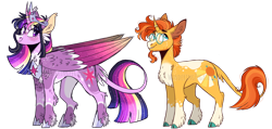 Size: 2996x1424 | Tagged: safe, artist:wanderingpegasus, sunburst, twilight sparkle, alicorn, classical unicorn, pony, unicorn, g4, alternate hairstyle, blushing, chest fluff, cloven hooves, crown, ear fluff, facial hair, female, freckles, glasses, goatee, grin, horn, horn ring, jewelry, leg fluff, leonine tail, male, mare, markings, redesign, regalia, ring, ship:twiburst, shipping, simple background, smiling, stallion, straight, transparent background, twilight sparkle (alicorn), unshorn fetlocks