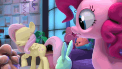 Size: 1920x1080 | Tagged: safe, screencap, fluttershy, pinkie pie, bird, dog, earth pony, hedgehog, pony, rabbit, g4, hello pinkie pie, 3d, animal, animated, couch, fart, female, mare, pillow, sound, tongue out, webm