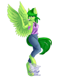 Size: 768x960 | Tagged: safe, artist:lilac blaze, oc, oc only, oc:midori kuroba, pegasus, anthro, unguligrade anthro, ankh, blowing a kiss, clothes, colored, egyptian, egyptian pony, female, freckles, jeans, pants, simple background, socks, solo, striped socks, transparent background