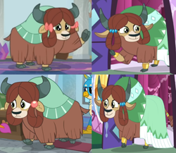 Size: 1138x990 | Tagged: safe, edit, edited screencap, screencap, gallus, yona, yak, a rockhoof and a hard place, g4, she's all yak, the last problem, bow, cloven hooves, comparison, female, hair bow, monkey swings, older, older yona