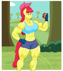 Size: 2948x3326 | Tagged: safe, artist:matchstickman, apple bloom, earth pony, anthro, matchstickman's apple brawn series, g4, going to seed, abs, apple, apple bloom's bow, apple brawn, biceps, bow, breasts, busty apple bloom, clothes, deltoids, female, fingerless gloves, food, fruit, gloves, hair bow, high res, mare, muscles, muscular female, older, older apple bloom, passepartout, scene interpretation, shorts, solo, sports bra, tree