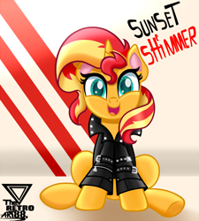 Size: 4000x4443 | Tagged: safe, artist:theretroart88, sunset shimmer, pony, unicorn, g4, absurd resolution, badass, clothes, cute, female, jacket, leather jacket, looking at you, mare, open mouth, shimmerbetes, sitting, solo, underhoof