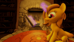 Size: 1920x1080 | Tagged: safe, artist:skyarrow, oc, oc only, oc:amber honeycombs, pony, unicorn, 3d, animated, book, female, fireplace, glowing horn, horn, magic, magic aura, mare, sitting, solo, sound, source filmmaker, webm