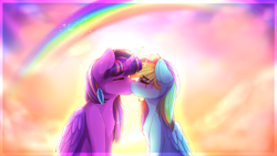 Size: 3840x2160 | Tagged: safe, artist:aaa-its-spook, rainbow dash, twilight sparkle, alicorn, pony, g4, blushing, cloud, duo, ear piercing, earring, eyes closed, feather, female, high res, jewelry, kissing, lesbian, piercing, rainbow, ship:twidash, shipping, sky, twilight sparkle (alicorn)