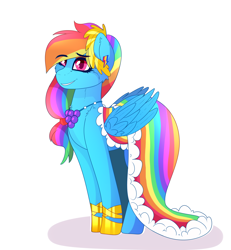 Size: 1836x1989 | Tagged: safe, artist:aaa-its-spook, rainbow dash, pegasus, pony, g4, clothes, dignified wear, dress, eyebrows, eyebrows visible through hair, gala dress, rainbow dash always dresses in style, simple background, smiling, solo, white background