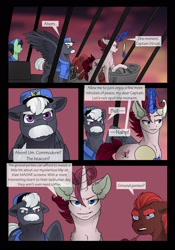 Size: 1600x2291 | Tagged: safe, artist:tillie-tmb, oc, oc:blackberry, oc:captain silver strut, oc:narcisse pavo, pegasus, pony, unicorn, comic:the amulet of shades, airship, comic, magic