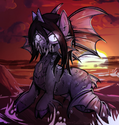 Size: 1335x1395 | Tagged: safe, alternate version, artist:lonerdemiurge_nail, siren, cloven hooves, commission, curved horn, fangs, fins, fish tail, horn, jewelry, kellin quinn, male, ocean, ponified, rock, scales, sleeping with sirens, slit pupils, solo, sunset, water, ych result