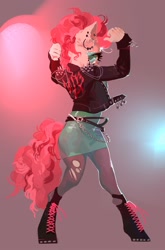 Size: 1426x2160 | Tagged: safe, artist:yanisfucker, pinkie pie, anthro, unguligrade anthro, g4, abstract background, clothes, ear piercing, earring, female, jacket, jewelry, leather jacket, leggings, looking at you, piercing, punk, shoes, skirt, solo, torn clothes
