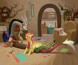 Size: 1500x1250 | Tagged: safe, artist:yanisfucker, discord, fluttershy, draconequus, pegasus, pony, g4, chair, couch, cute, duo, female, fluttershy's cottage, friendship, heart, indoors, male, mare, paper, paper doll chain, scissors, smiling