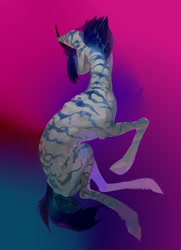 Size: 1566x2160 | Tagged: safe, artist:yanisfucker, oc, oc only, pony, unicorn, concave belly, looking away, muscles, realistic horse legs, simple background, sitting, skinny, solo, spine, stripes, thin