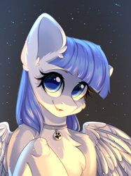 Size: 2048x2732 | Tagged: safe, artist:alphadesu, oc, oc only, oc:snow pup, pegasus, pony, bust, collar, ear fluff, high res, lifted leg, looking at you, pegasus oc, pet tag, portrait, simple background, smiling, spread wings, wings