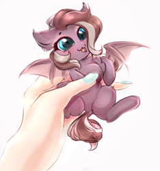 Size: 703x752 | Tagged: safe, artist:haokan, oc, oc only, oc:efflorescence, bat pony, human, pony, :3, :p, bat pony oc, bat wings, blushing, commission, cute, dock, ear fluff, female, hand, holding a pony, in goliath's palm, micro, offscreen character, offscreen human, solo, tiny, tiny ponies, tongue out, wings, ych result