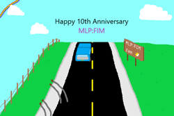 Size: 600x400 | Tagged: safe, artist:valuable ashes, mlp fim's tenth anniversary, 10, car, fence, happy birthday mlp:fim, no pony, road, sign