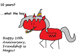 Size: 1184x819 | Tagged: safe, oc, oc:draco scales, alicorn, pony, mlp fim's tenth anniversary, 10, 1000 hours in ms paint, alicorn oc, happy birthday mlp:fim, hat, horn, male, party hat, party horn, stick pony, wings