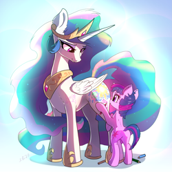 Size: 2395x2384 | Tagged: safe, artist:xbi, princess celestia, twilight sparkle, alicorn, pony, unicorn, bodypaint, butt, cute, cutelestia, cutie mark, daaaaaaaaaaaw, drawing, featured image, female, filly, filly twilight sparkle, gradient background, high res, hnnng, hoof hold, momlestia, pencil, plot, smiling, tabun art-battle cover, twiabetes, unicorn twilight, weapons-grade cute, wholesome, xbi is trying to murder us, younger