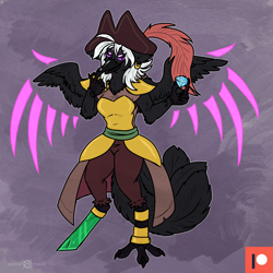 Size: 1502x1500 | Tagged: safe, artist:keetah-spacecat, captain celaeno, oc, oc:shade the raven, bird, raven (bird), anthro, g4, my little pony: the movie, anthro oc, artificial wings, augmented, clothes, cosplay, costume, female, furry, furry oc, gem, magic, magic wings, patreon, patreon logo, patreon reward, wings