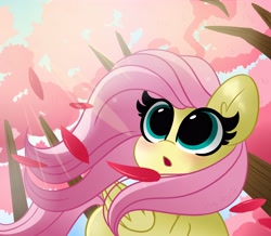 Size: 4096x3578 | Tagged: safe, artist:kittyrosie, fluttershy, pegasus, pony, g4, blushing, crepuscular rays, cute, female, flower, folded wings, leaves, looking at something, mare, open mouth, raised hoof, shyabetes, solo, sunlight, tree, windswept mane, wings