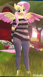 Size: 2160x3840 | Tagged: safe, artist:steamyart, fluttershy, philomena, pegasus, phoenix, anthro, g4, 3d, clothes, colored wings, colored wingtips, cottage, female, high res, nature, nexgen, off shoulder, off shoulder sweater, outdoors, pants, solo, source filmmaker, stupid sexy fluttershy, sweater