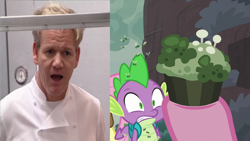 Size: 1276x720 | Tagged: safe, edit, edited screencap, screencap, pinkie pie, spike, dragon, human, pony, g4, school raze, backpack, cupcake, food, gordon ramsay, irl, irl human, photo