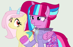 Size: 1876x1206 | Tagged: safe, artist:jadeharmony, oc, oc only, oc:bubble sparkle, oc:velen butter, alicorn, hybrid, pony, bubbleverse, series:sprglitemplight diary, series:sprglitemplight life jacket days, series:springshadowdrops diary, series:springshadowdrops life jacket days, g4, alicorn oc, alternate universe, base used, clothes, duo, female, gray background, horn, i can't believe it's not 徐詩珮, interspecies offspring, magical lesbian spawn, magical threesome spawn, multiple parents, next generation, offspring, parent:discord, parent:fluttershy, parent:glitter drops, parent:spring rain, parent:tempest shadow, parent:twilight sparkle, parents:discoshy, parents:glittershadow, parents:sprglitemplight, parents:springdrops, parents:springshadow, parents:springshadowdrops, paw patrol, simple background, wings
