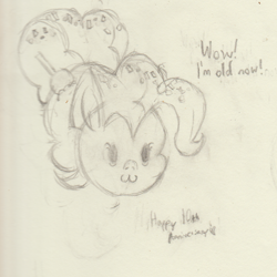 Size: 1194x1195 | Tagged: safe, derpibooru exclusive, pinkie pie, earth pony, pony, mlp fim's tenth anniversary, g4, the last problem, :3, dialogue, happy birthday mlp:fim, older, older pinkie pie, pencil drawing, ponk, simple background, sketch, traditional art