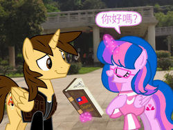 Size: 1440x1080 | Tagged: safe, artist:ejlightning007arts, artist:徐詩珮, oc, oc only, oc:ej, oc:hsu amity, alicorn, pony, g4, alicorn oc, book, broken english, chinese, duo, female, glasses, horn, levitation, magic, male, mare, stallion, taiwan, telekinesis, wings