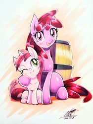 Size: 1536x2048 | Tagged: safe, artist:025aki, berry punch, berryshine, ruby pinch, earth pony, pony, g4, barrel, female, filly, mare, mother and child, mother and daughter