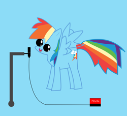 Size: 4959x4515 | Tagged: safe, artist:rainboom dash, rainbow dash, pegasus, pony, mlp fim's tenth anniversary, g4, backwards cutie mark, blue background, female, happy birthday mlp:fim, mare, microphone, simple background, singing, solo, spread wings, transparent wings, vector, wings