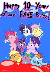 Size: 2460x3507 | Tagged: safe, artist:rupert, derpibooru exclusive, applejack, fluttershy, pinkie pie, rainbow dash, rarity, spike, starlight glimmer, twilight sparkle, alicorn, dragon, earth pony, pegasus, pony, unicorn, mlp fim's tenth anniversary, g4, 10, :o, balloon, cheek squish, cute, female, happy, high res, inflatable, lying down, male, mane eight, mane seven, mane six, mare, mouth hold, noisemaker, one eye closed, open mouth, party horn, prone, smiling, squished, squishy, squishy cheeks, twilight sparkle (alicorn)