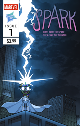 Size: 2100x3300 | Tagged: safe, artist:jodthecod, oc, oc only, oc:storm spark, pony, unicorn, building, cape, city, cityscape, clothes, cloud, cloudy, comic, comic cover, costume, electricity, glasses, glowing eyes, glowing horn, high res, horn, lightning, male, manehattan, solo, superhero