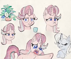 Size: 1280x1068 | Tagged: safe, artist:nedemai, phyllis, starlight glimmer, trixie, pony, unicorn, g4, :i, crying, i mean i see, philodendron, phyllis no!, smug, traditional art, unamused