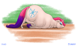 Size: 1200x717 | Tagged: safe, artist:soobel, princess amore, pony, unicorn, g4, belly, big belly, fat, female, huge belly, impossibly large belly, mare, obese, rolls of fat, scooting, solo