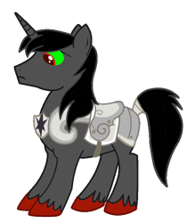 Size: 600x714 | Tagged: safe, artist:blah23z, artist:mokrosuhibrijac, king sombra, shining armor, pony, unicorn, g4, colored sclera, corrupted, corrupted shining armor, croupiere, dark magic, evil shining armor, green sclera, magic, palette swap, peytral, recolor, saddle, simple background, solo, sombra eyes, tack, transparent background, unshorn fetlocks