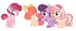 Size: 2347x959 | Tagged: safe, artist:strawberry-spritz, oc, oc:peach pit, oc:pixie cut, oc:rosemarie, oc:slick back, dracony, dragon, earth pony, hybrid, pony, female, filly, interspecies offspring, magical lesbian spawn, offspring, parent:apple bloom, parent:babs seed, parent:diamond tiara, parent:scootaloo, parent:spike, parent:sweetie belle, parents:babsbelle, parents:diamondbloom, parents:scootaspike, simple background, white background