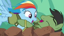 Size: 759x433 | Tagged: safe, edit, edited screencap, screencap, rainbow dash, oc, oc:anon, oc:anon stallion, earth pony, pegasus, pony, g4, stranger than fan fiction, anonpony, colored, eyes closed, female, happy, laughing, male, mare, rock pit, shipping fuel, stallion, tackle