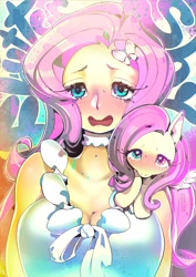 Size: 1280x1810 | Tagged: safe, artist:tsukinoura0817, fluttershy, human, pony, equestria girls, g4, anime, blushing, breasts, busty fluttershy, cleavage, female, heterochromia, human ponidox, mare, open mouth, self ponidox, shoulder pony, sweat, sweatdrops, teary eyes