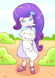 Size: 2508x3541 | Tagged: safe, artist:sigpi, opalescence, rarity, cat, human, g4, bandaid, blushing, cute, female, fluffy, frown, high res, humanized, raribetes, sad, teary eyes, young, younger
