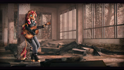 Size: 9600x5400 | Tagged: safe, artist:imafutureguitarhero, sunset shimmer, unicorn, anthro, unguligrade anthro, g4, 3d, absurd file size, absurd resolution, acoustic guitar, black bars, boots, cargo pants, chernobyl, chromatic aberration, clothes, colored eyebrows, colored eyelashes, dead tree, dust, ear freckles, female, film grain, fingerless gloves, fog, freckles, gloves, guitar, holding, holster, hoof boots, hoof freckles, hoof shoes, horn, indoors, jacket, leaning, leaning back, leather gloves, leather jacket, leonine tail, letterboxing, long hair, long mane, mare, multicolored hair, multicolored mane, multicolored tail, musical instrument, pants, peppered bacon, pillar, pripyat, revamped anthros, revamped ponies, rubble, ruins, scarf, shoes, signature, solo, source filmmaker, strap, tree, wall of tags, wallpaper, window
