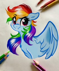 Size: 1694x2048 | Tagged: safe, artist:emberslament, artist:thefloatingtree, rainbow dash, pegasus, pony, beautiful, blushing, collaboration, cute, dashabetes, dreamworks face, grin, pencil, raised eyebrow, smiling, solo, spread wings, traditional art, wings