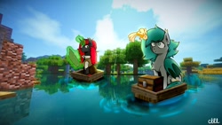 Size: 1280x720 | Tagged: safe, artist:udara, oc, oc only, oc:obble star, oc:rachel, bat pony, fish, goldfish, pony, unicorn, bat pony oc, bat wings, boat, duo, flower, horn, magic, minecraft, river, signature, sky, tree, unicorn oc, video game, video game crossover, water, wings