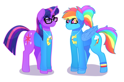 Size: 2505x1662 | Tagged: safe, artist:aaa-its-spook, rainbow dash, sci-twi, twilight sparkle, pegasus, pony, unicorn, g4, alternate hairstyle, backwards cutie mark, clothes, cute, dashabetes, duo, eyebrows, eyebrows visible through hair, female, glasses, jewelry, lesbian, looking at each other, mare, matching outfits, necklace, ponytail, ship:twidash, shipping, simple background, smiling, sweater, twiabetes, unicorn twilight, white background