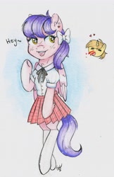 Size: 3461x5329 | Tagged: safe, artist:lightisanasshole, oc, oc only, pegasus, pony, unicorn, abstract background, adorasexy, adorkable, blood, blushing, bow, cheek fluff, chibi, clothes, cute, dork, duo, ear fluff, ear piercing, explosive nosebleed, heart, hoof fluff, horn, looking back, neck fluff, nosebleed, pegasus oc, piercing, school uniform, sexy, skirt, smiling, socks, solo focus, text, unicorn oc, waving, wings
