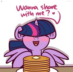 Size: 3250x3200 | Tagged: dead source, safe, artist:php142, twilight sparkle, alicorn, pony, g4, bangs, blushing, bronybait, cute, daaaaaaaaaaaw, female, food, happy, heart, high res, i'm pancake, looking at you, pancakes, simple background, solo, spread wings, talking to viewer, text, twiabetes, twilight sparkle (alicorn), white background, wings