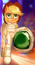Size: 808x1495 | Tagged: safe, artist:jowyb, edit, applejack, earth pony, pony, twijack weekly, g4, astrojack, astronaut, clothes, cropped, female, helmet, mare, smiling, solo, spacesuit
