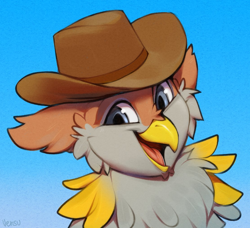 Size: 1112x1012 | Tagged: safe, artist:vensual99, oc, oc only, oc:peregrine, griffon, chest fluff, cowboy hat, hat, looking at you, open mouth, smiling, smiling at you