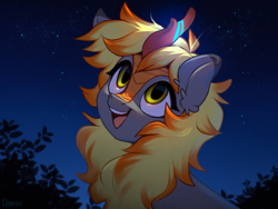 Size: 2000x1500 | Tagged: safe, artist:vensual99, oc, oc only, oc:electra pleiades, kirin, pony, ear fluff, glowing horn, horn, night, open mouth, smiling, solo, stars