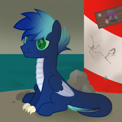 Size: 1600x1600 | Tagged: safe, artist:ponkus, oc, oc only, oc:maelstrom (ponkus), dracony, hybrid, pegasus, pony, fallout equestria, dragon hybrid, gradient mane, lighthouse, male, ocean, rock, solo, stallion, two toned wings, wings