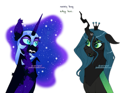 Size: 1241x936 | Tagged: safe, artist:foxklt, nightmare moon, queen chrysalis, alicorn, bat pony, changeling, changeling queen, pony, g4, fangs, female, simple background, transparent background