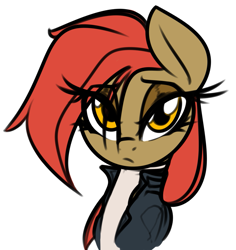 Size: 1259x1335 | Tagged: safe, artist:jetwave, oc, oc only, oc:dala vault, earth pony, pony, bust, clothes, earth pony oc, eye clipping through hair, eyeshadow, female, jacket, leather jacket, lidded eyes, looking at you, makeup, mare, portrait, raised eyebrow, simple background, solo, white background
